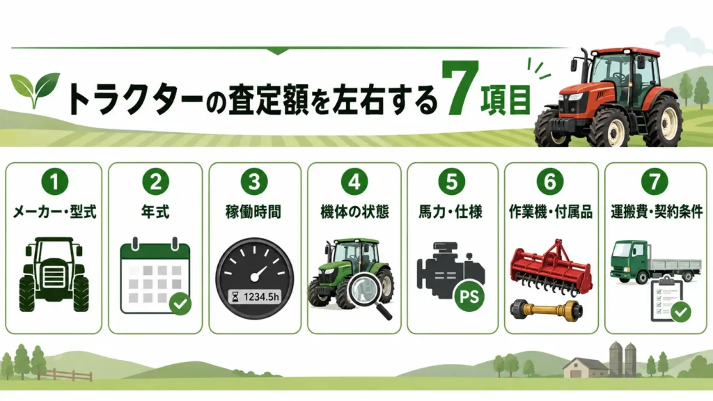 中古トラクターの査定額を左右する型式・年式・稼働時間・状態など7項目