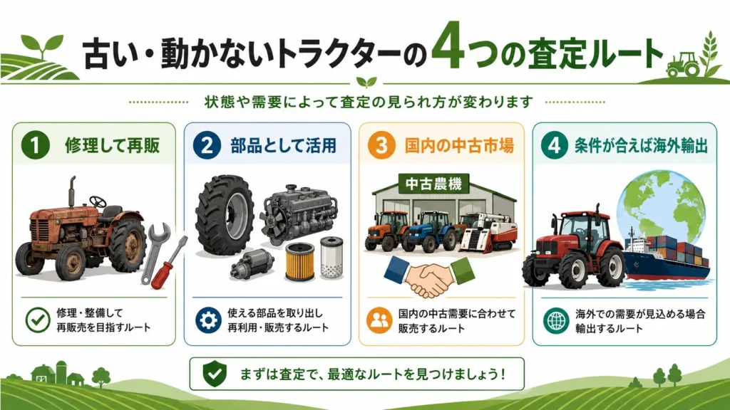 古い・動かないトラクターが修理・部品・国内再販・輸出で査定される流れ