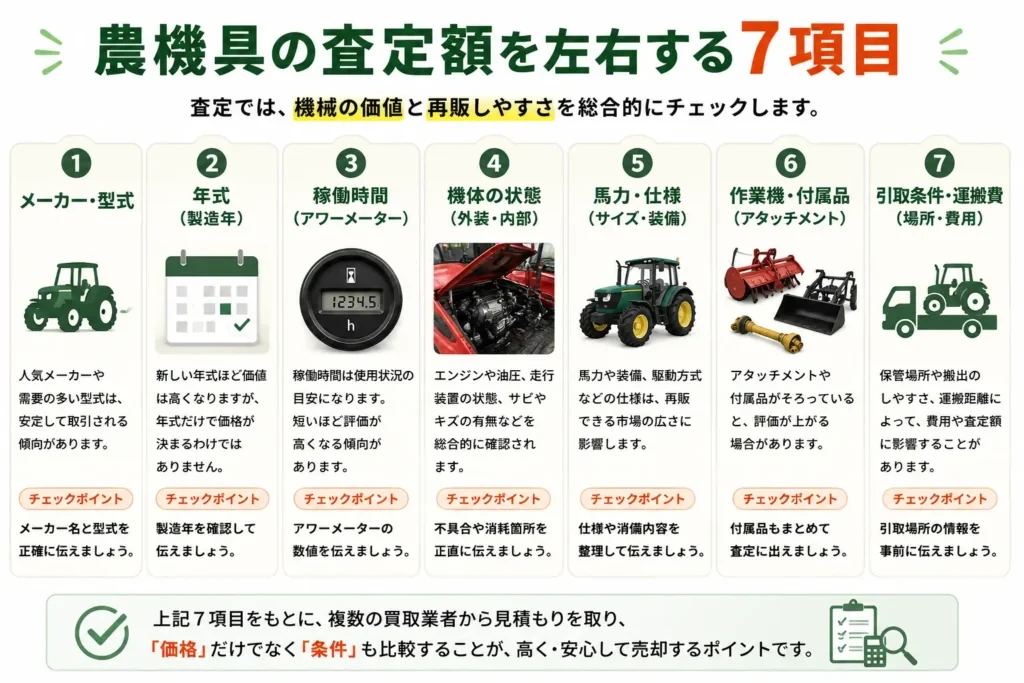 中古農機具の査定額を左右するメーカー・年式・稼働時間・状態など7項目