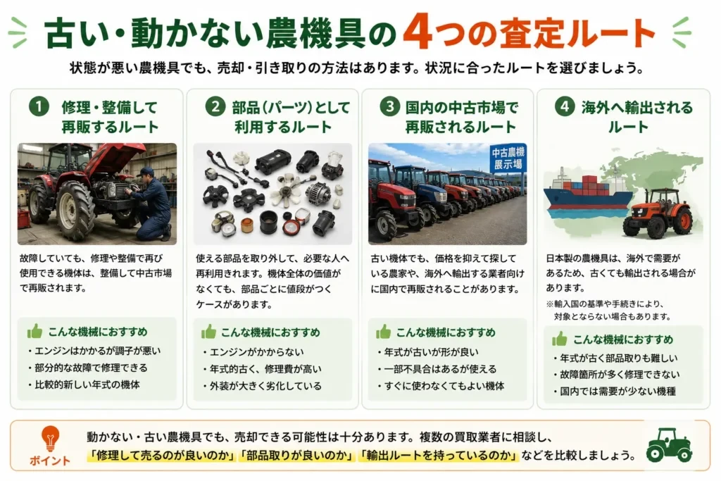 古い・動かない農機具の修理・部品利用・国内再販・輸出という4つの査定ルート