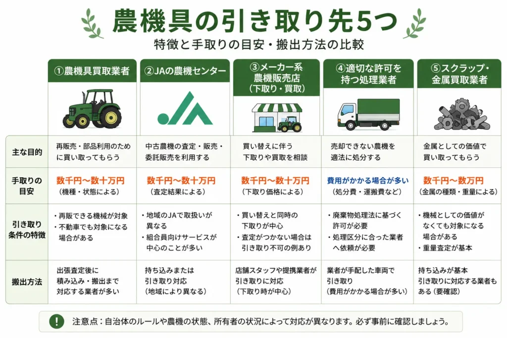 農機具の主な引き取り先5つを比較した図