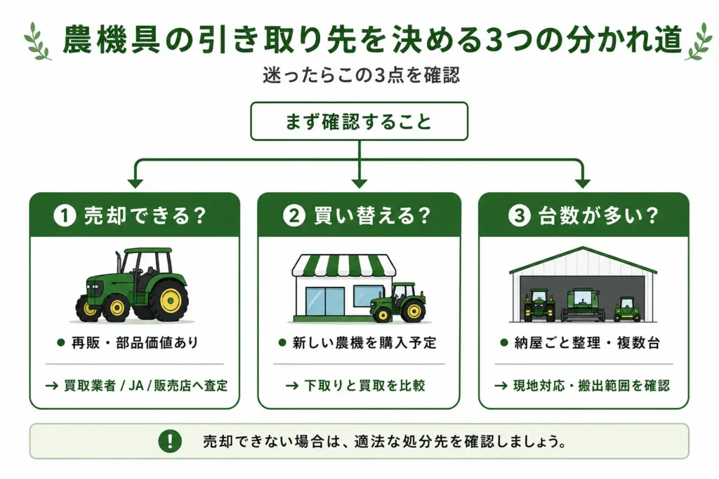 農機具の引き取り先を決める3つの判断軸を示した図