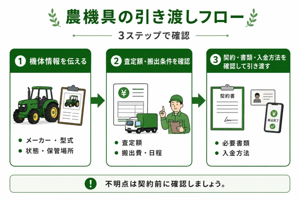 農機具の査定依頼から引き渡しまでの3ステップを示した図