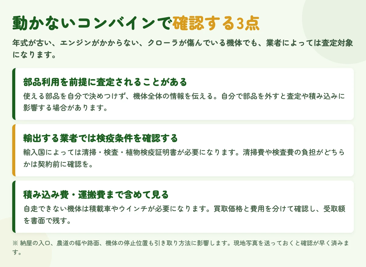 動かないコンバインで確認する部品利用・輸出の検疫条件・積み込み費と運搬費の3点