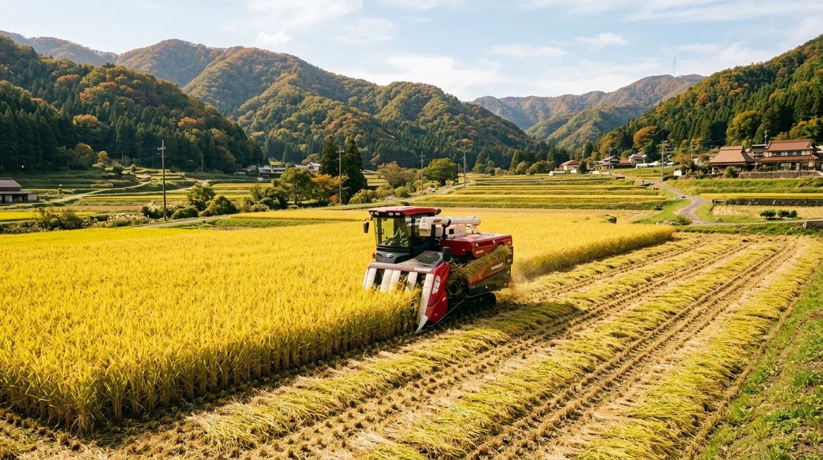 秋の水田で稲を刈り取るコンバイン
