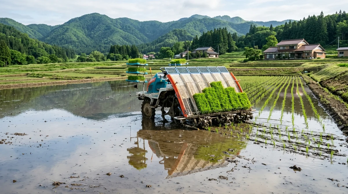 水田で苗を植える乗用田植機
